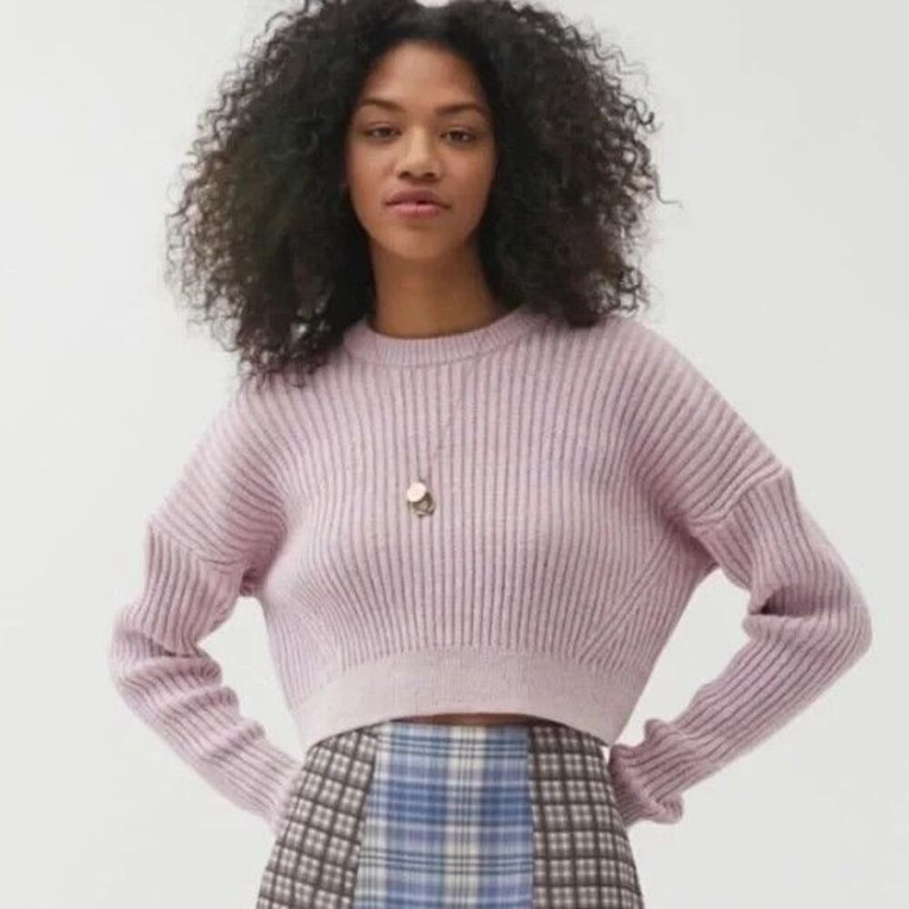 Urban Outfitters Cropped Ribbed Crewneck Sweater in Light Mauve Pink